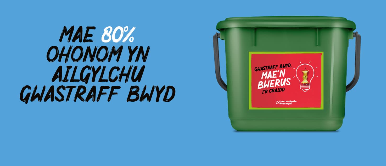 Cadi bwyd gwyrdd gyda sticer coch ar gefndir glas gyda'r geiriau "Mae 80% ohonom yn ailgylchu gwastraff bwyd"