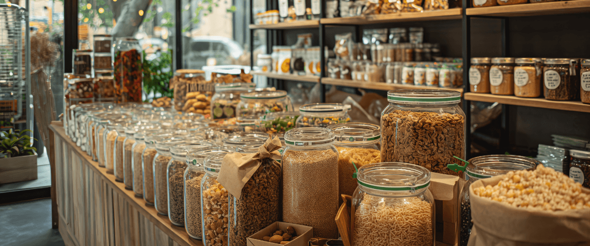 A photo of a clean brightly lit shop with jars displayed on a central platform and on shelves along the walls containing dry goods such as rice, pulses and grains.